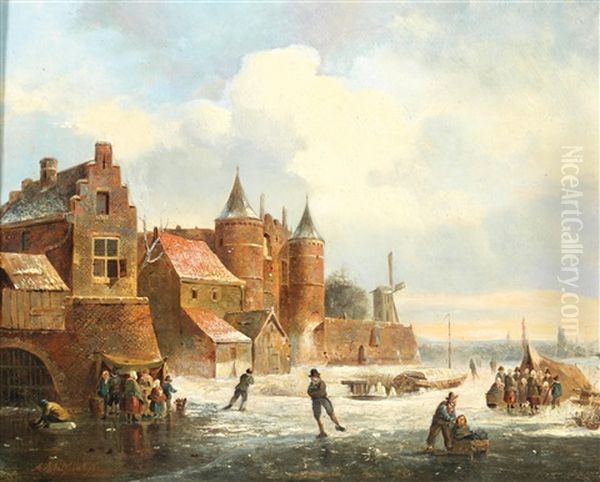 Dutch Winter Landscape With Ice-skaters by Abraham Van Der Wayen Pieterszen