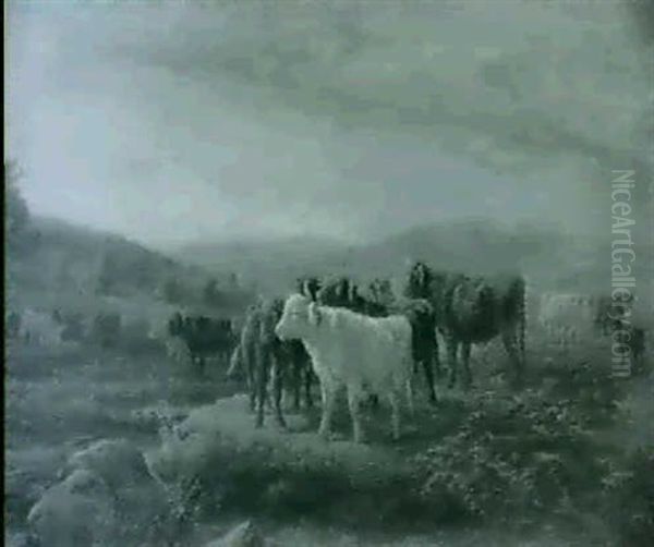 Cattle By A Stream In A Highland Landscape by Walter Henry Pigott