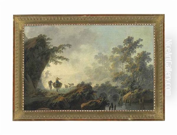 A Wooded Landscape With Herdsmen By A Stream by Jean Baptiste Pillement