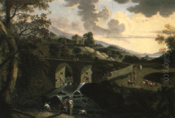 A Landscape With Labourers Repairing A Weir By A Bridge by Jean Baptiste Pillement