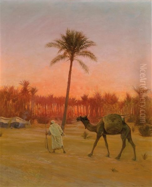 Bedouins In The Desert At Sunset by Otto Pilny