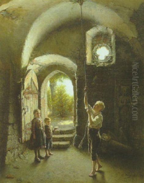 Drei Kinder Beim Lauten Der Kirchenglocke by Otto Piltz