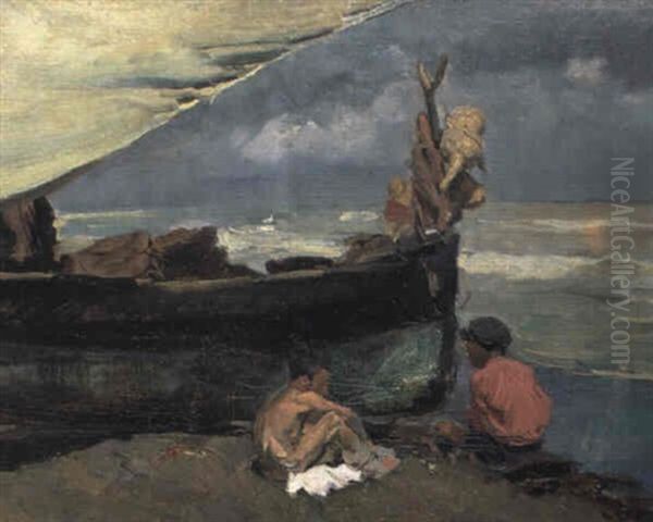 Ninos En La Playa Al Atardecer by Ignacio Pinazo Camarlench