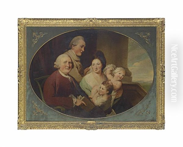 A Group Portrait, Thought To Be Richard Bentley (1708-1782), His Son By His First Wife, His Second Wife And Their Daughters On A Portico, Before An Organ And Draped Curtain, A Landscape Beyond by Robert Edge Pine