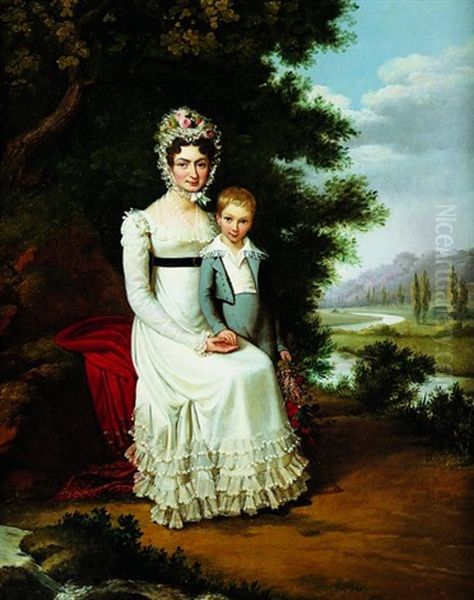 Portrait De Jeune Femme Avec Son Fils Sur Fond De Paysage by Edouard Henri Theophile Pingret