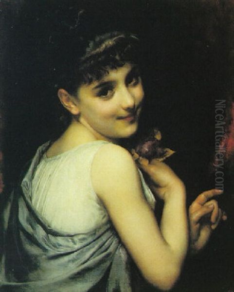 A Young Beauty Holding A Red Rose by Etienne Adolph Piot