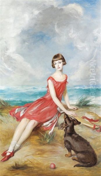 Portrait Eines Madchens Mit Hund, Vor Einer Dunenlandschaft by Adolf Pirsch