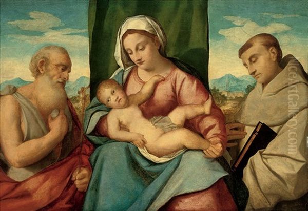 The Madonna And Child With Saints Jerome And Francis Of Assisi by Bonifazio de Pitati