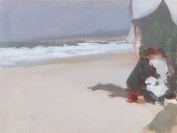 Mujer Y Nino En La Playa by Cecilio Pla