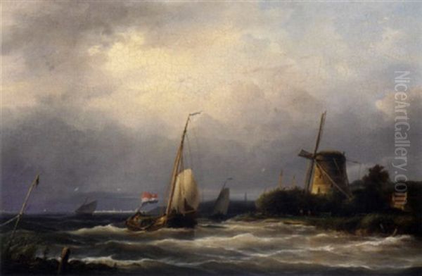 A Sailboat On Rough Seas By A Windmill by Ary Pleyssier