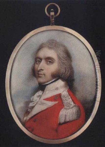 Portrait Of An Officer With Hair En Queue, Wearing Scarlet Uniform With Silver Buttons, White Facings And Epaulette, Black Stock And White Cravat by Andrew Plimer