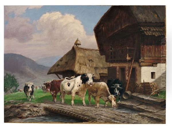 Rinderherde Auf Dem Heimweg Vor Malerischem Schwarzwaldhaus by Karl Plock