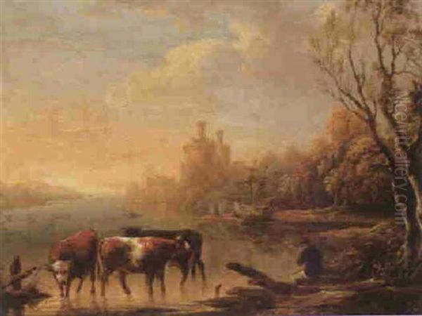 Cattle Watering At Sunset, A Castle Beyond by Nicholas Pocock