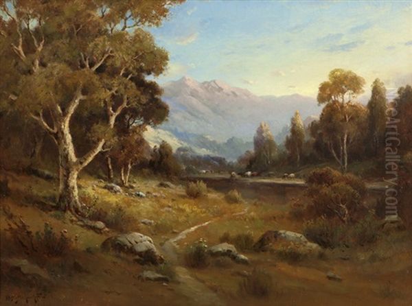 California Landscape With Mountains And Grazing Cattle Oil Painting - Alexis Matthew Podchernikoff