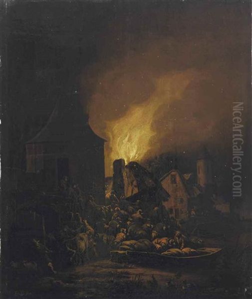 Fire In A Village At Night With Numerous Figures Near A Bell Tower On The River Bank by Egbert Lievensz van der Poel