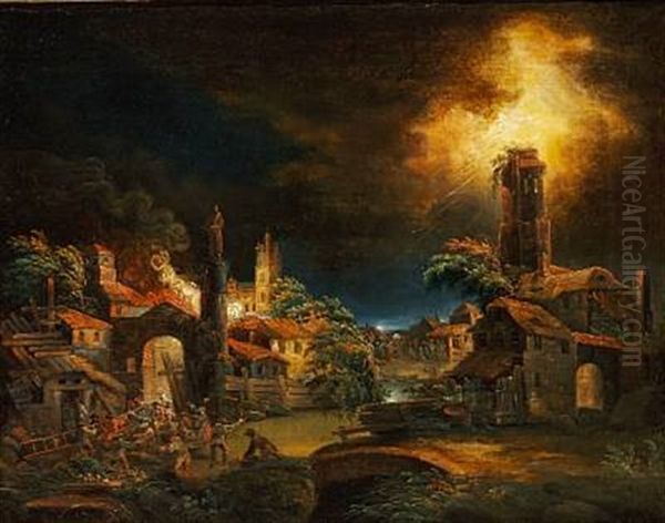 A Fire At Night In A Village During A Storm by Egbert Lievensz van der Poel