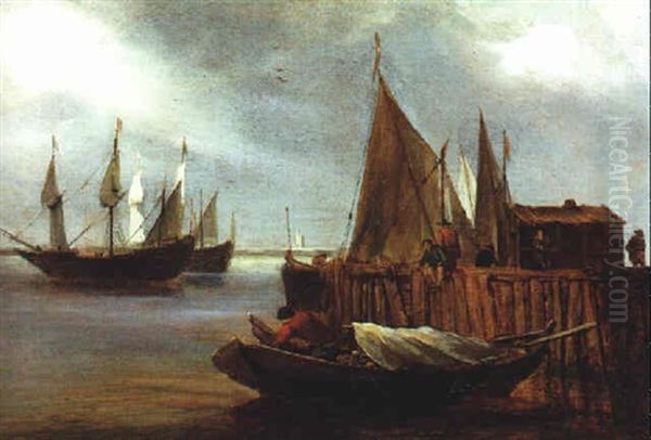 Zwei Dreimaster Vor Einem Hafen by Egbert Lievensz van der Poel