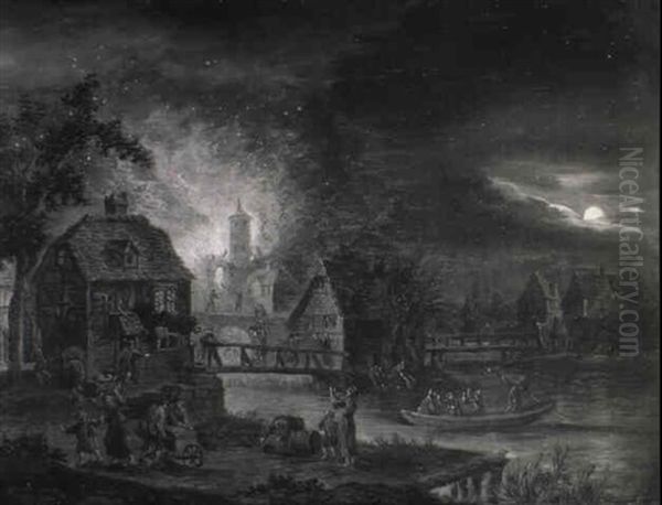 A Moonlit River Landscape With A Village Fire by Egbert Lievensz van der Poel