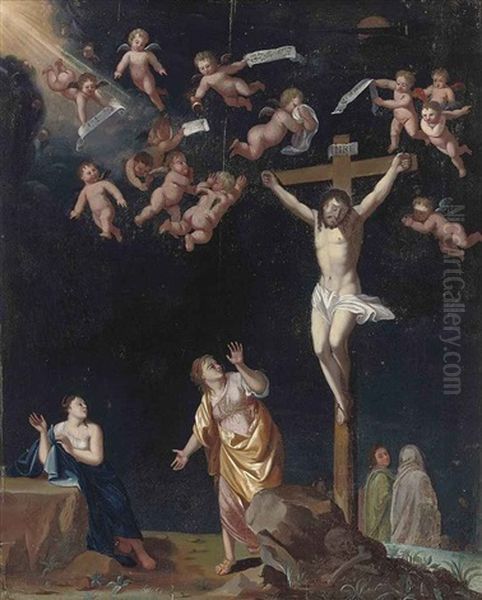 The Crucifixion With The Virgin, Saint Mary Magdalene, And Saint John The Evangelist by Cornelis Van Poelenburgh