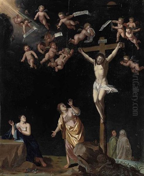 The Crucifixion With The Virgin, Saint Mary Magdalene, And Saint John The Evangelist by Cornelis Van Poelenburgh