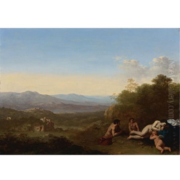 An Italianate Landscape With Venus And Cupid Sleeping, Two Satyrs Observing From Behind by Cornelis Van Poelenburgh