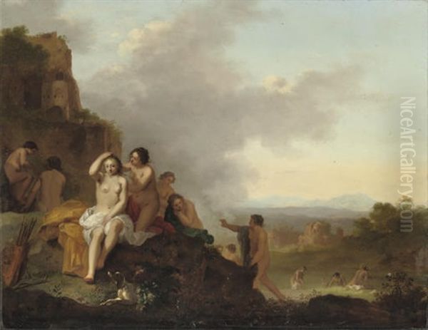 Nymphs Resting And Bathing In An Italianate Landscape by Cornelis Van Poelenburgh