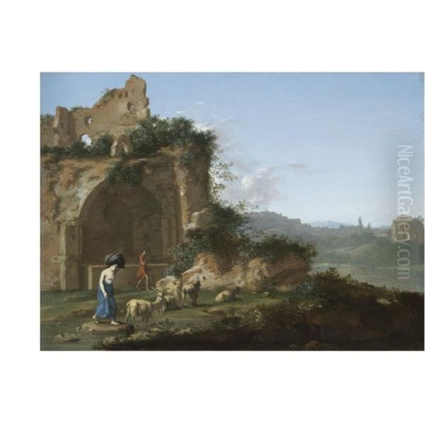 An Italianate Landscape With A Goat Herder And A Washerwoman Amongst Ruins by Cornelis Van Poelenburgh