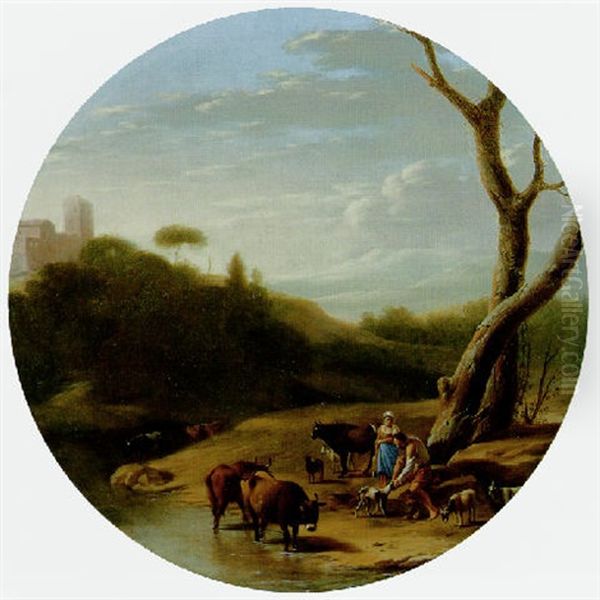 An Italianate Wooded Landscape With A Herdsman And A Shepherdess, Cattle And Goats Watering At A Stream by Cornelis Van Poelenburgh