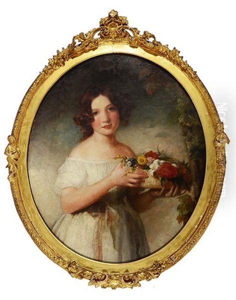 Portrait Of A Young Girl Wearing A White Frock And Proferring A Basket Of Mixed Flowers by Albert Pollitt