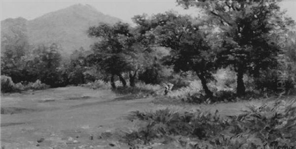 Woman Carrying A Basket Through A Grove Of Large Oak Trees by Silvio Poma