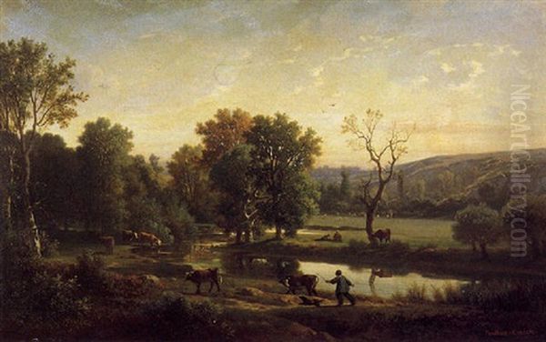 Bergers Et Leur Troupeau Pres De La Riviere Dans Un Paysage Vallonne by Antoine Claude Ponthus-Cinier