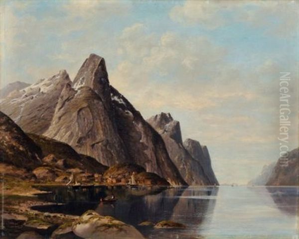 Norwegische Fjordlandschaft Mit Fischerbooten by Jacobus Johannes Van Poorten