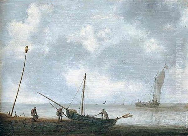 A Coastal Scene, With A Fishing Pink Hauled Up On The Beach, And A Small Sailing Vessel Running Before The Breeze Offshore by Jan Porcellis