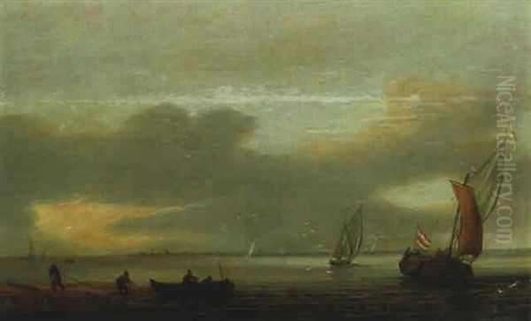 A Smalschip And Other Fishing Vessels In Calm Waters Offshore by Jan Porcellis