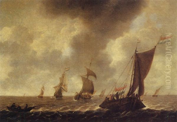 A Wijdschip Sailing Before The Wind With Fishermen In A Rowing Boat, Other Shipping Beyond, In Choppy Waters by Julius Porcellis