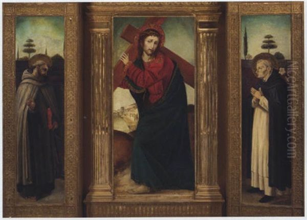 The Road To Calvary, Saint Eusebius, Saint Dominic by  Pordenone (Giovanni Antonio)