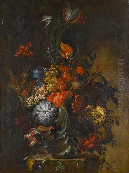 Tulips, Chrysanthemums, An Iris And Other Flowers In A Glass Vase On A Stone Ledge by Paolo Porpora