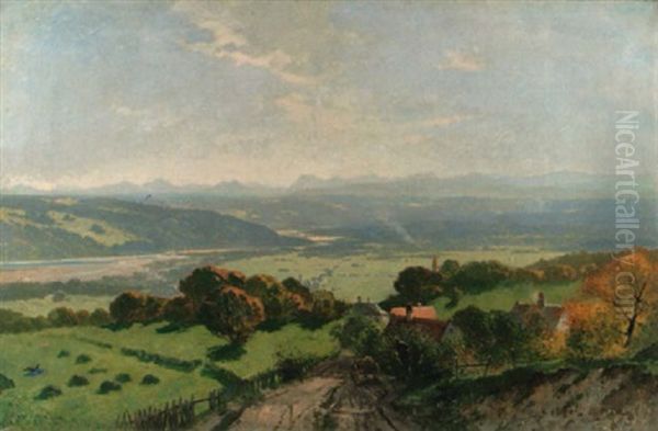 Blick In Das Sommerliche Alpenvorland Mit Lastkarren Auf Einer Dorfstrase by Richard Von Poschinger