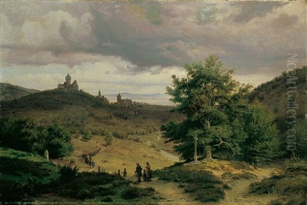 Landschaft Mit Blick Auf Die Schwanenburg In Kleve. Im Vordergrund Eine Prozession. by Eduard Wilhelm Pose