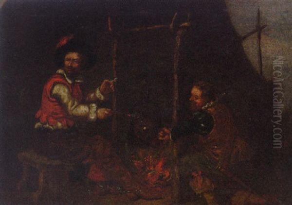 Two Soldiers At A Campfire by Hendrick Gerritsz. Pot