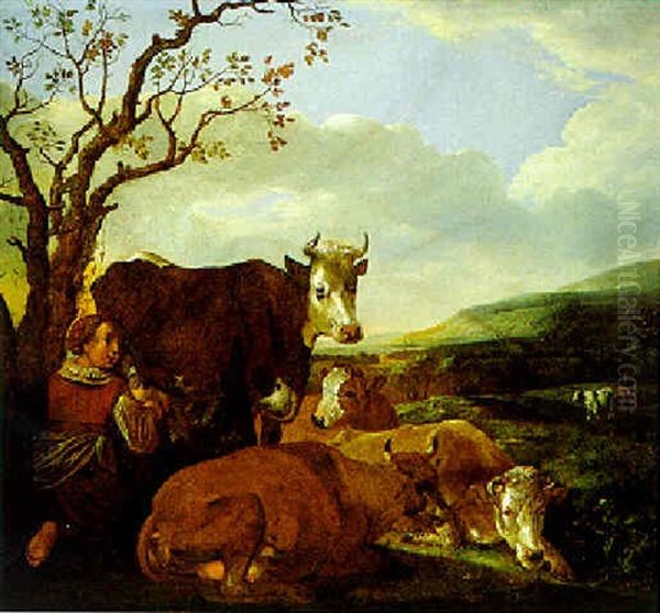 Sudliche Landschaft Mit Kuhen Und Einer Melkenden Frau by Paulus Potter