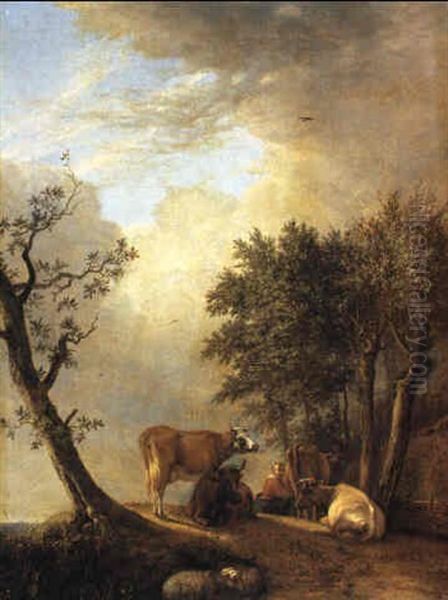 A Landscape With A Milkmaid And Her Cattle by Paulus Potter