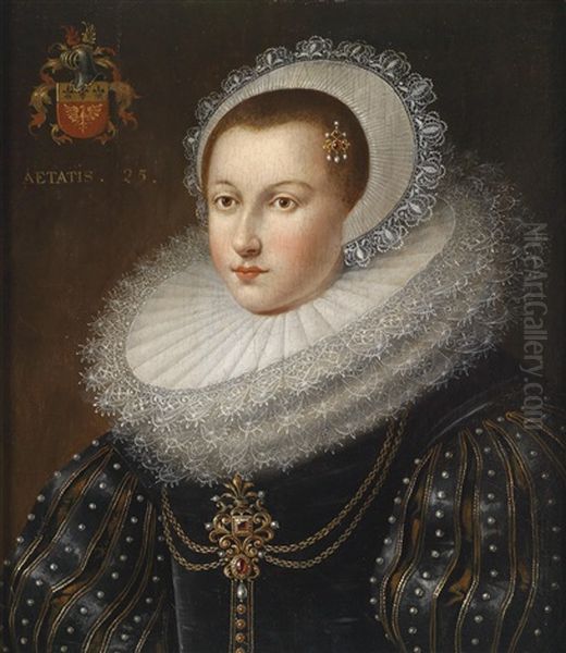 Bildnis Einer Adeligen Dame In Einem Perlenbesetzten Schwarzen Seidenkleid Mit Geschlitzten Armeln by Frans Pourbus the younger