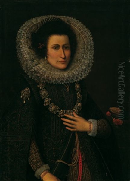 Bildnis Einer Dame In Schwarzem Kleid Mit Spitzenkrause Und Kostbarem Renaissancecollier, Armband Und Brosche by Frans Pourbus the younger