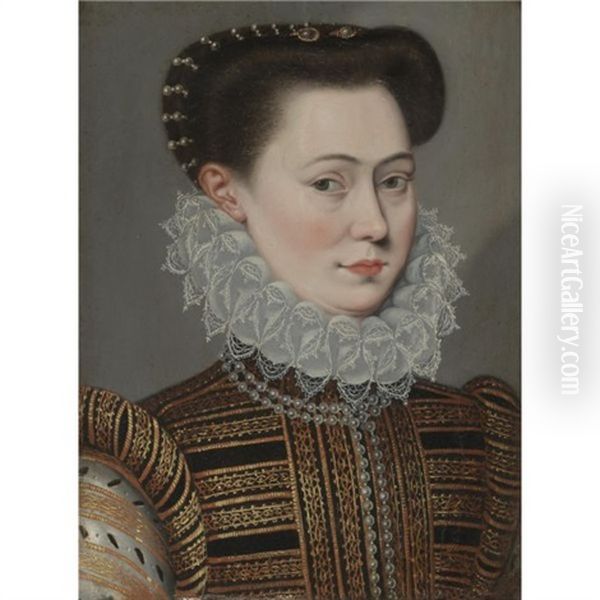 Portrait Of A Lady Wearing An Elaborate Ruff And A Gold Embroidered Dress by Frans Pourbus the younger