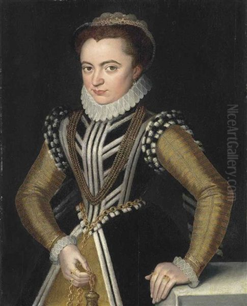 Portrait Of A Lady, Half-length, In A Black Dress With White Fur Trim And A Golden Underskirt And Sleeves, With A Pomander In Her Right Hand Attached... by Pieter Jansz Pourbus