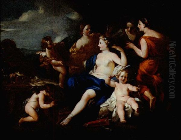 Goddess With Her Attendants And Cherubs In A Classical Landscape by Nicolas Poussin