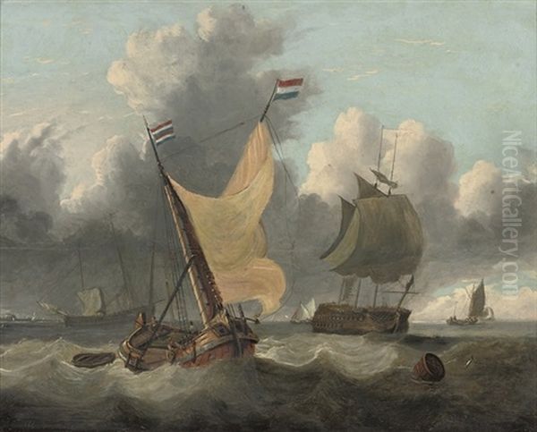 Warships And Dutch Barges In A Stiff Offshore Breeze Oil Painting - Charles Martin Powell