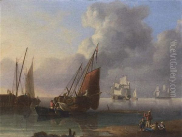 Unloading The Catch At The End Of The Day With Merchantmen At Anchor Beyond by Charles Martin Powell