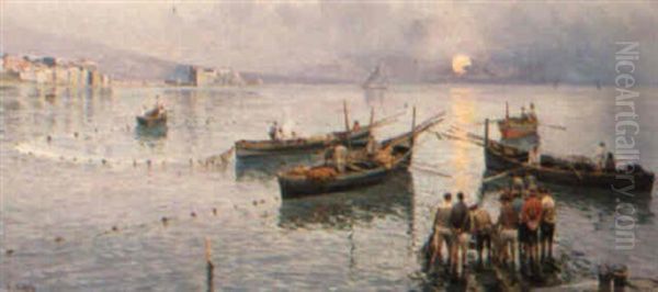 Fishermen In The Bay Of Naples by Attilio Pratella